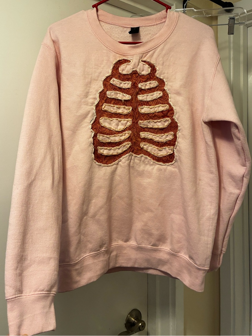 DIY Hand Sewed Anatomy Skelton Rib Cage Streetwear Crew Neck Sweatshirt